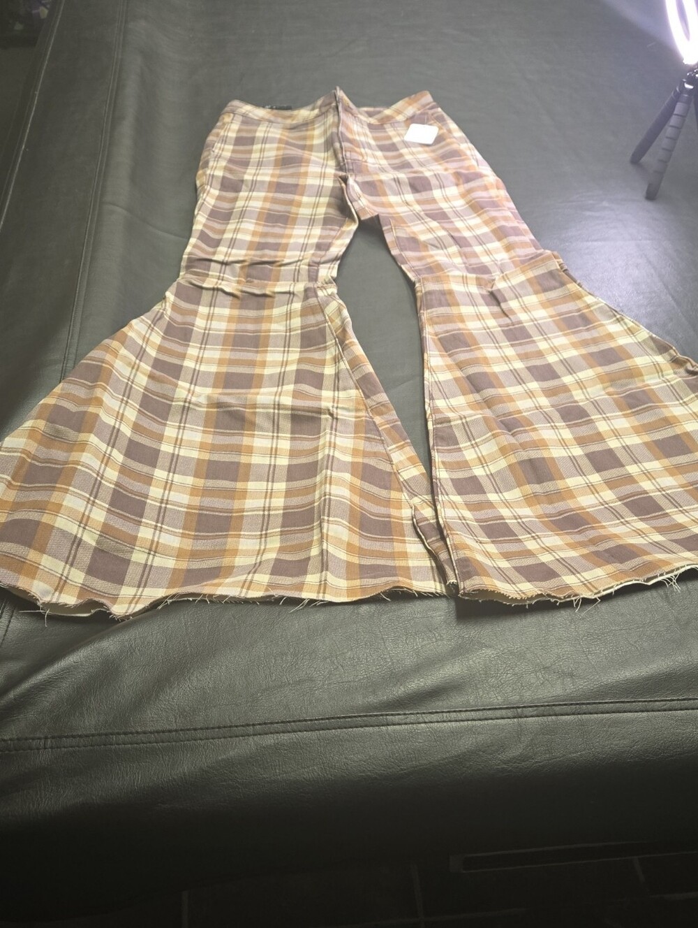 Free People Plaid Flared Jeans in Brown and Cream